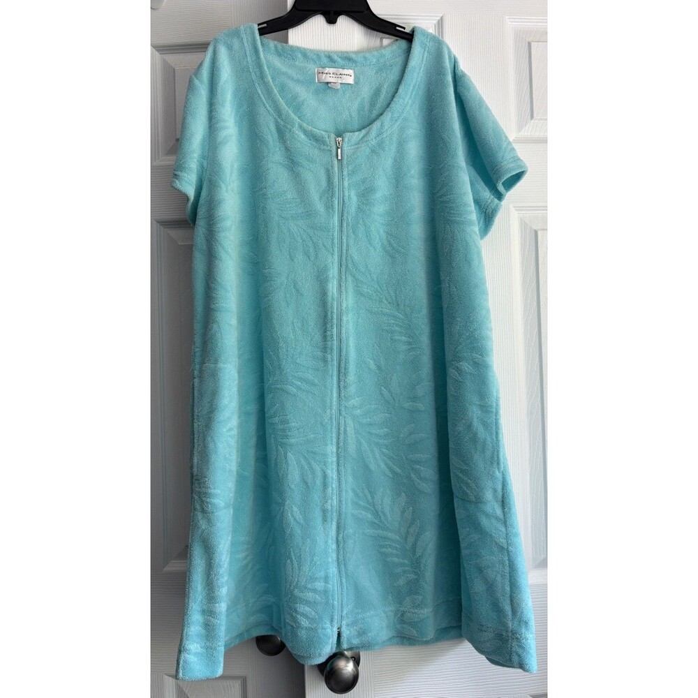 VTG Miss Elaine Velour Zip Up Housecoat Robe Dress Size 2X Teal Pockets Lounge